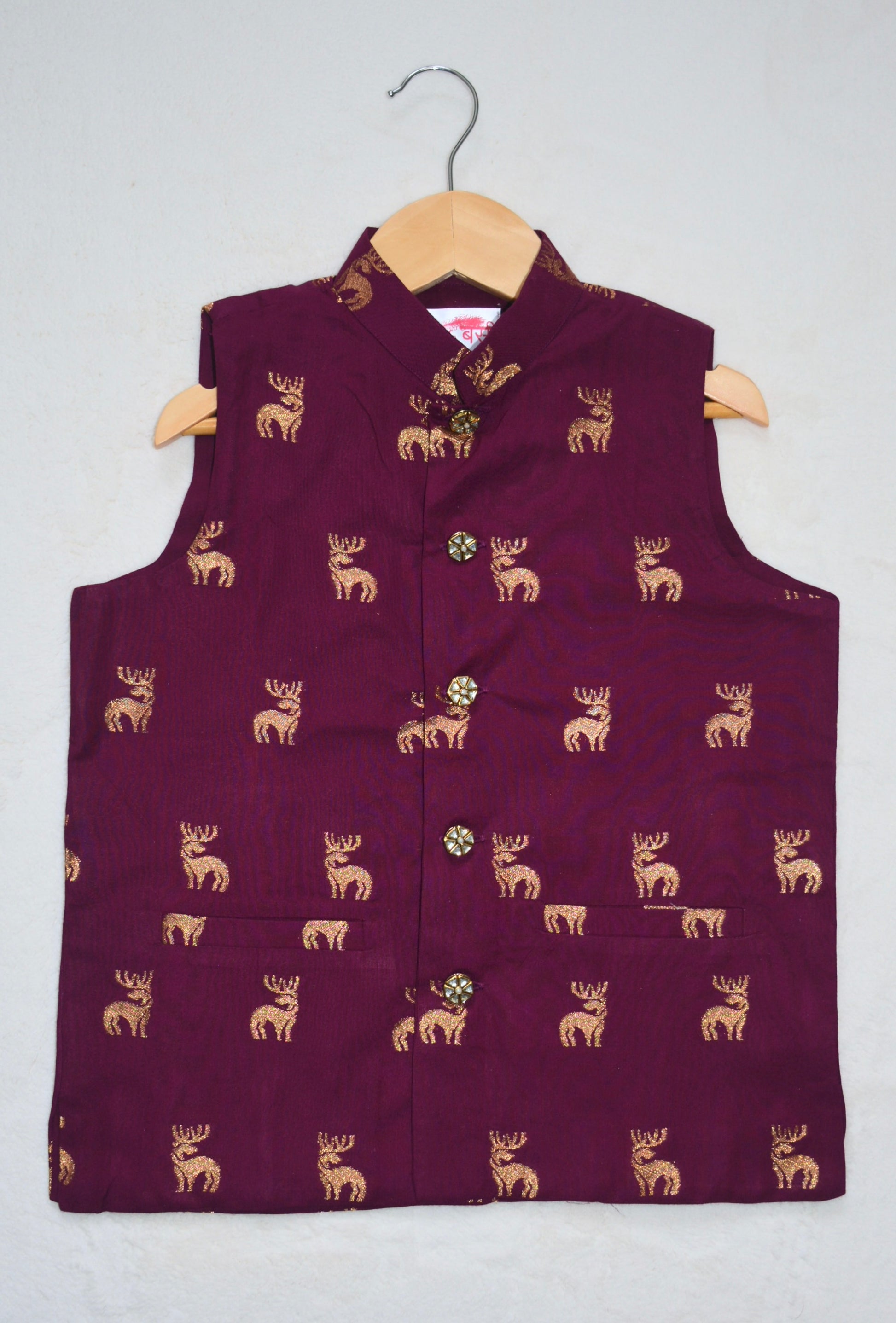 Boys' Nehru jacket in purple & gold. Perfect for festivals & celebrations, sizes 1-10Y. Indian dress/eastern outfit.