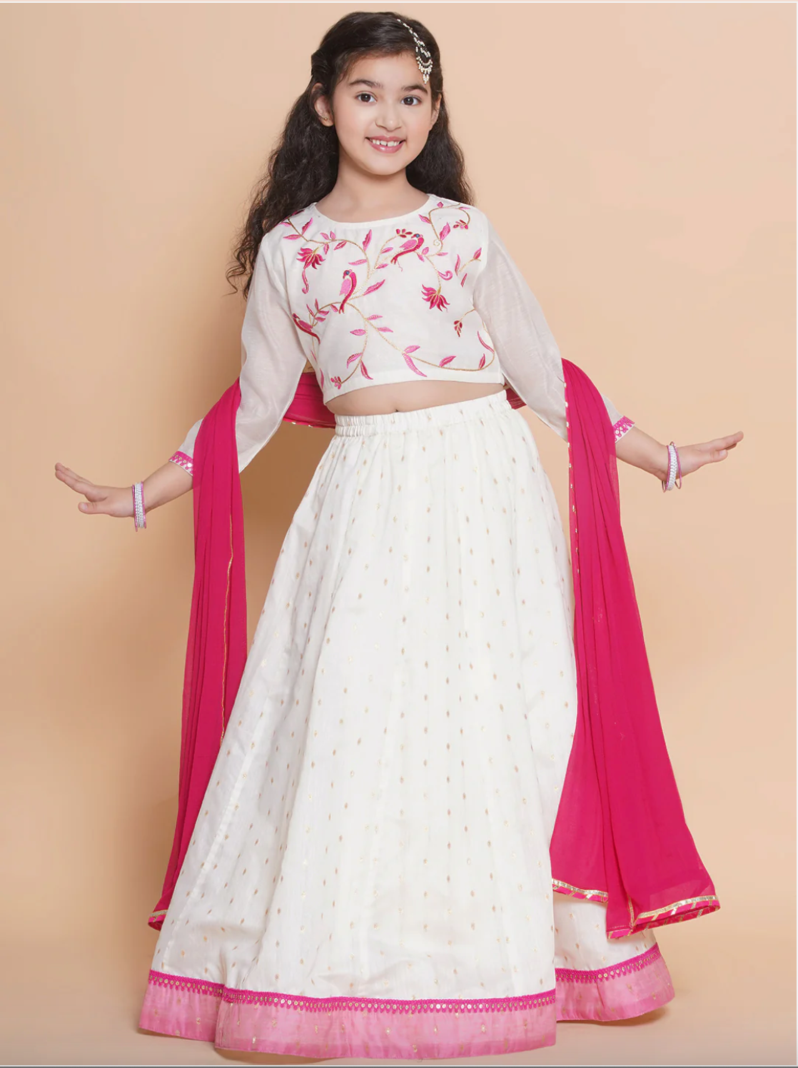Shop this traditional white & Pink South Indian style lehenga & choli for girls. Perfect puja dress