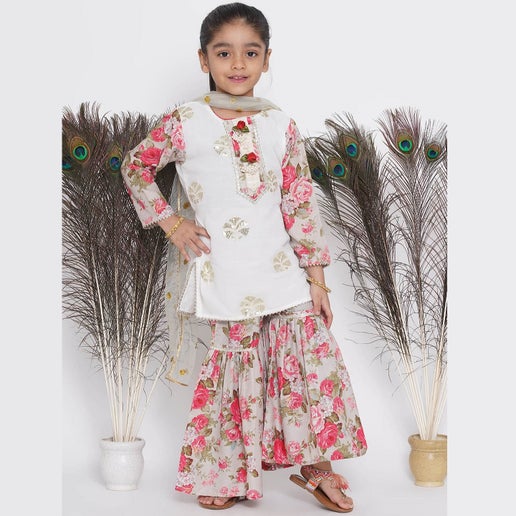 Embroidered Kameez with Floral Printed Sharara & Net Dupatta - Infant - Mitthu Kids Ethnic Wear