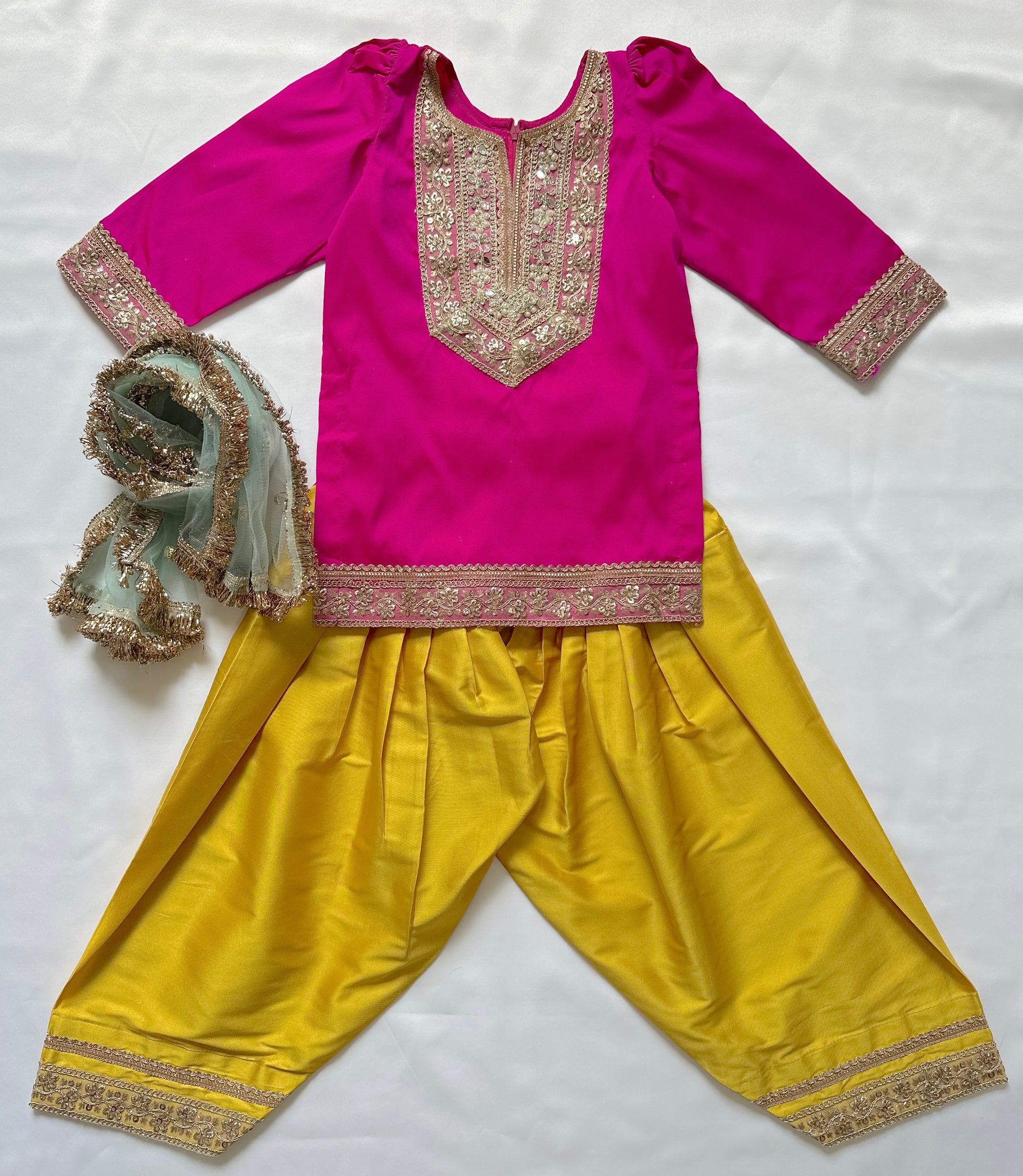 Rani pink kameez with yellow farshi shalwar, embroidered kids Indian Pakistani outfit for weddings & festivals.