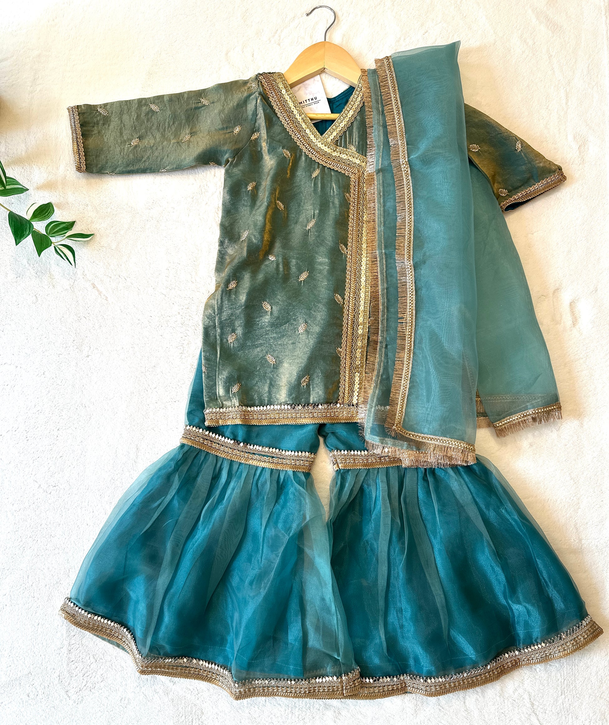 Firozi/Teal gharara kameez set for girls in shimmer tissue. Perfect for weddings & festivals. Ships from Guelph, Canada.