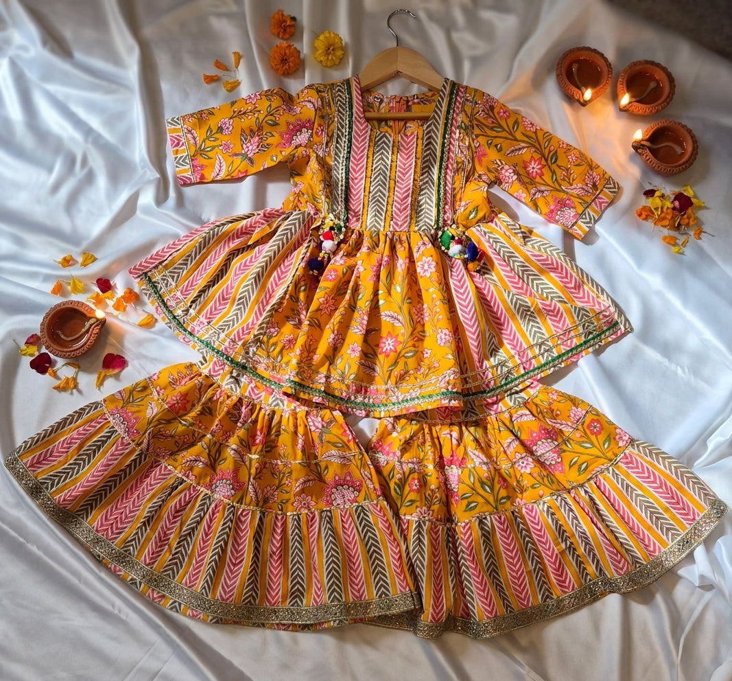 Girls Jaipuri Cotton Sharara Set with Dupatta - Yellow
