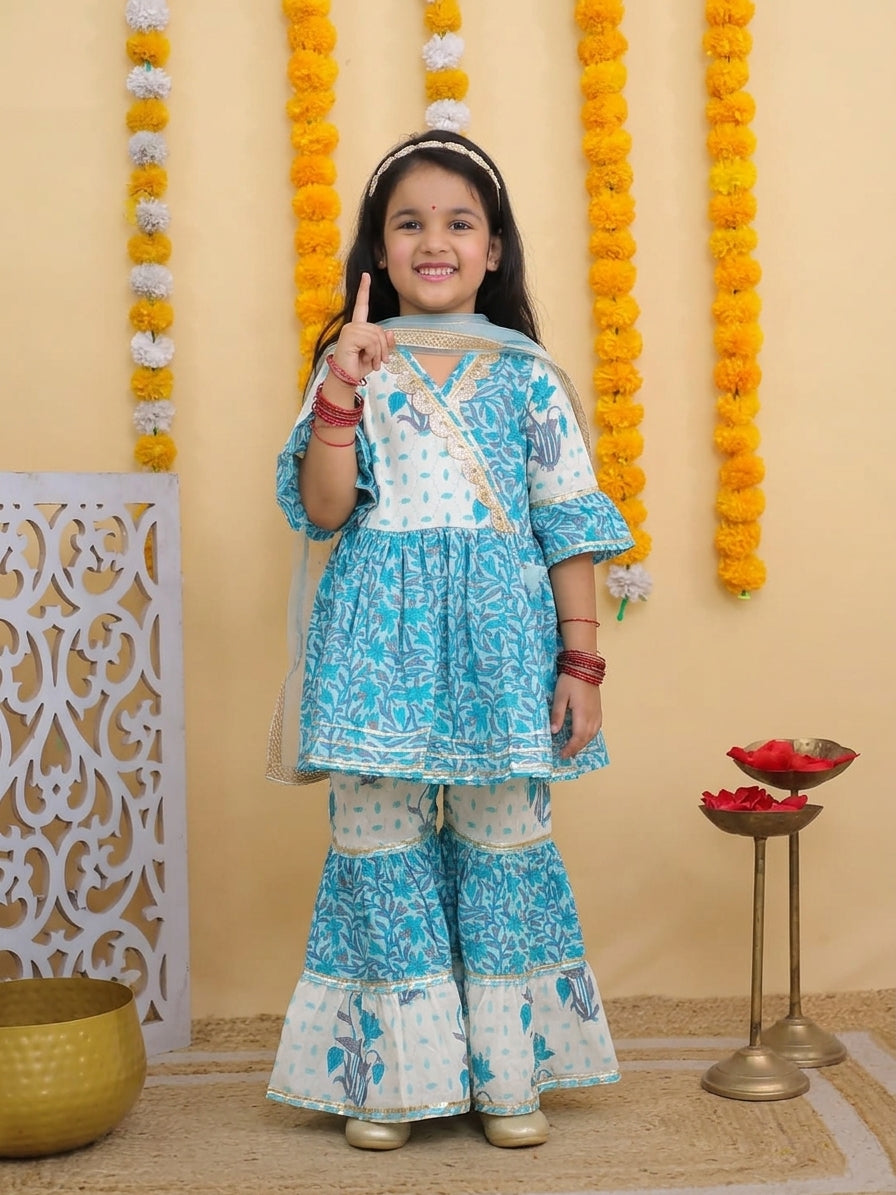 Girls Jaipuri Cotton Sharara Set with Dupatta - Blue