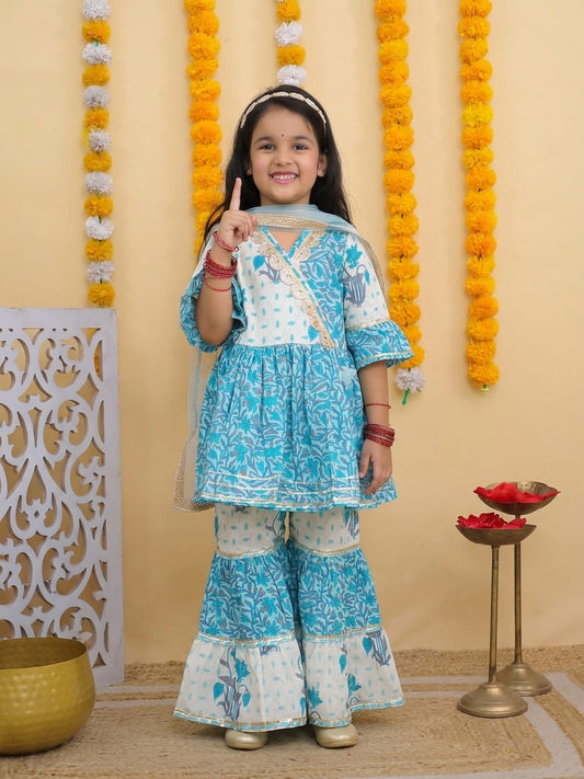 Girls Jaipuri Cotton Sharara Set with Dupatta - Blue