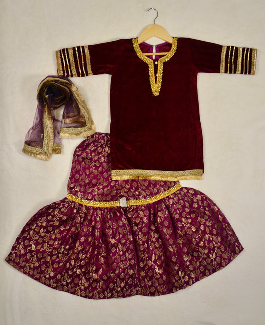 Girls dark pink silk gharara & velvet kameez with dupatta, sizes 6M-10Y, elegant Eid outfit.