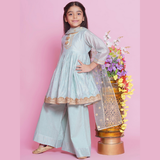 Girls'festive outfit, Powder Green silk frock kameez, palazzo & dupatta. Shop in Canada! Perfect Indian & Pakistani dress.