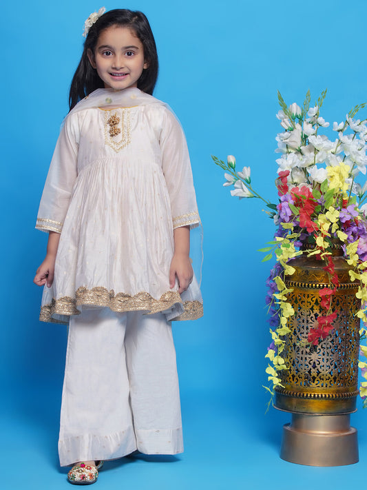 White embroidered kurti palazzo set  for girls. Beautiful Indian Pakistani festive & wedding kids wear in Canada ethnic style.