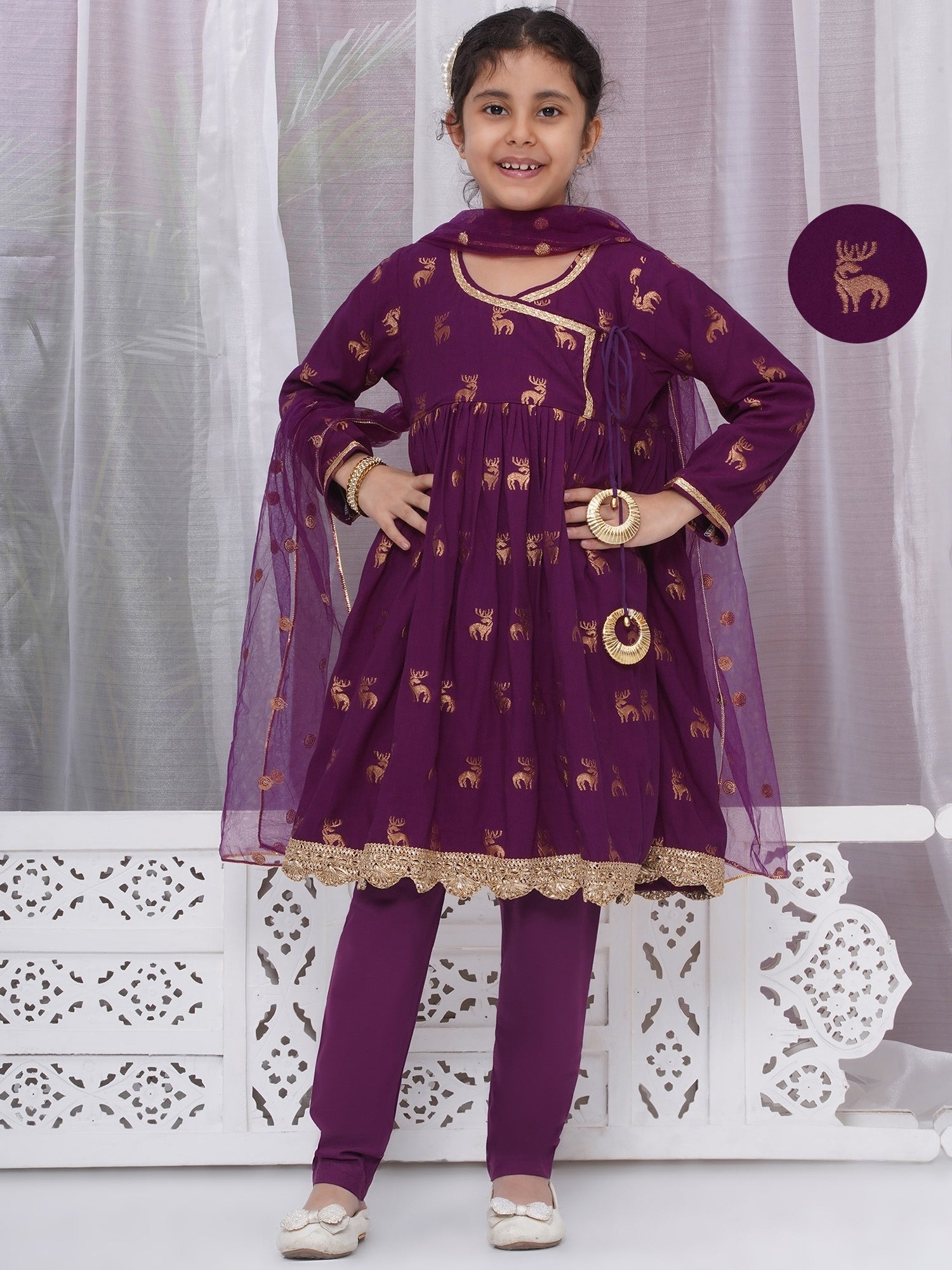 Shop online in Canada Purple girls' cotton zari work kurti with pyjami & net dupatta. Festive Indian Dress, Eastern outfit. 