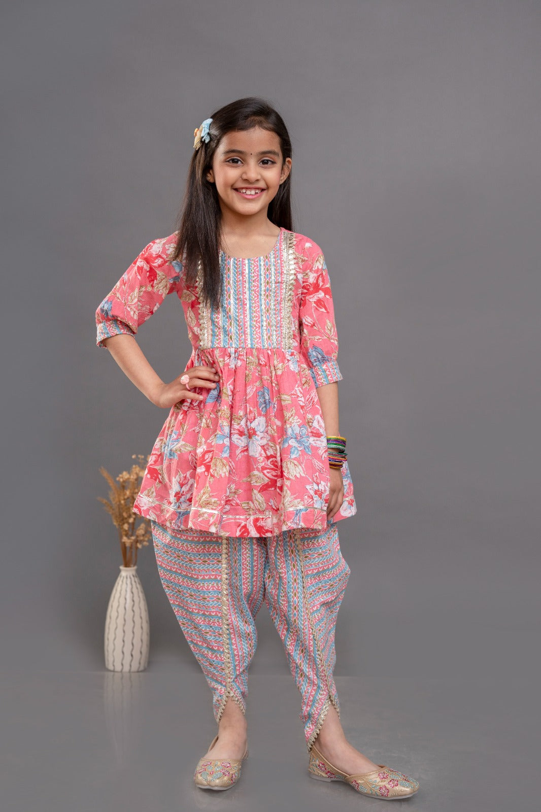 Jaipur Print Kurti with Dhoti Pants and Dupatta-Pink & Blue - Mitthu Kids Ethnic Wear