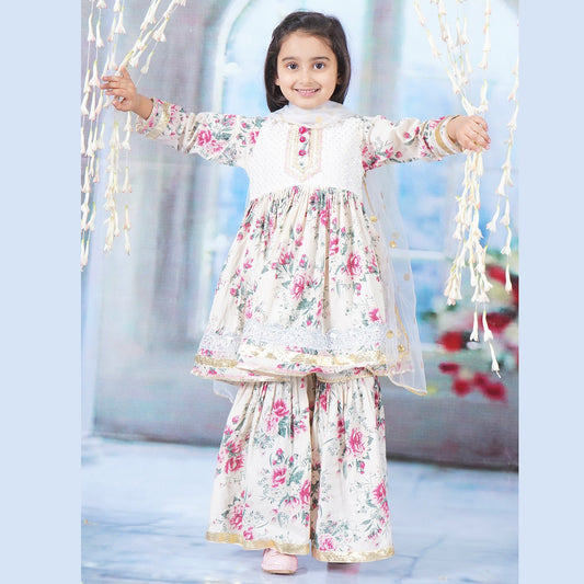 Girls cotton Sharara Kameez set with floral print for ages 1–10. Eid, wedding traditional outfit. Ships from Guelph, Canada.