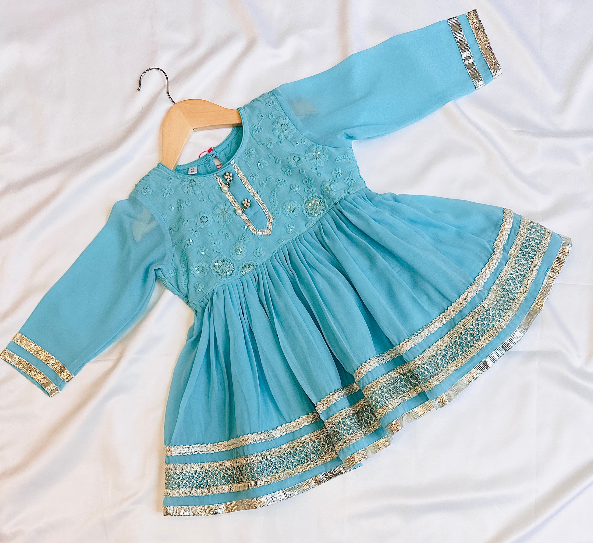 Light blue indian dress with gold embroidery for toddlers & kids.