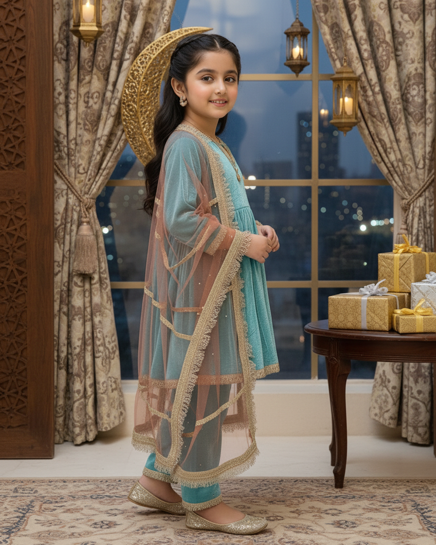 Girls Frock Style Kameez with Pants & Dupatta - Teal - Infant - Mitthu Kids Ethnic Wear