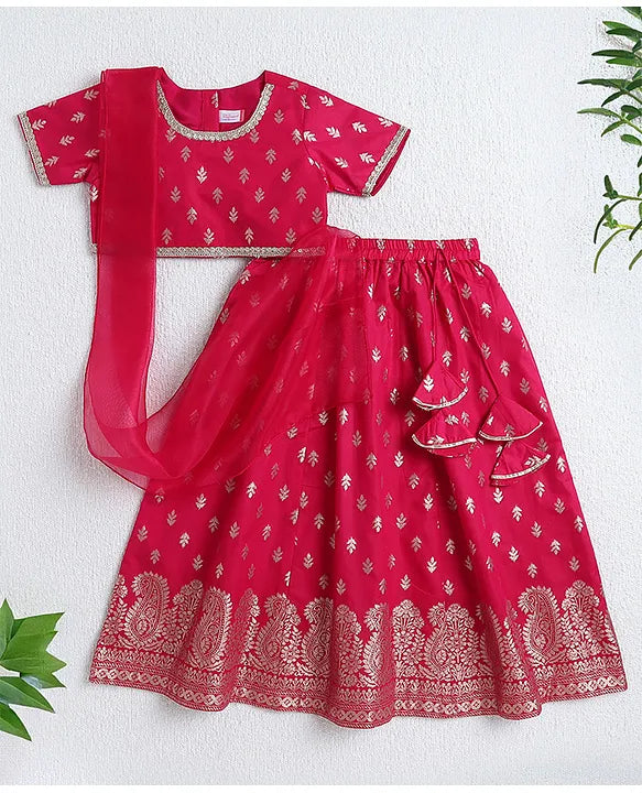 Girls Silk Lehenga Choli With Dupatta- Fuchsia & Gold - Infant - Mitthu Kids Ethnic Wear