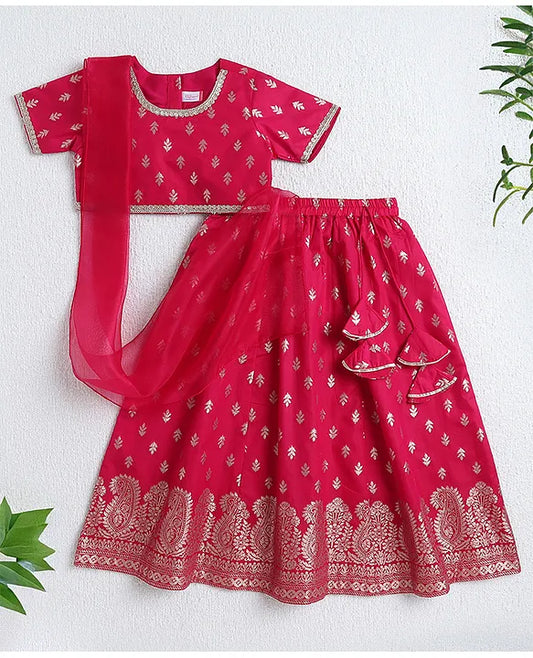 Girls Silk Lehenga Choli With Dupatta- Fuchsia & Gold - Infant