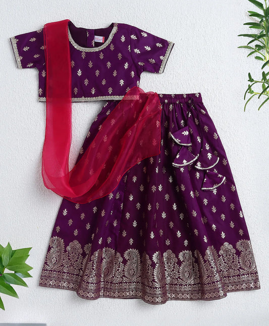 Girls Silk Lehenga Choli With Dupatta- Purple & Gold - Infant