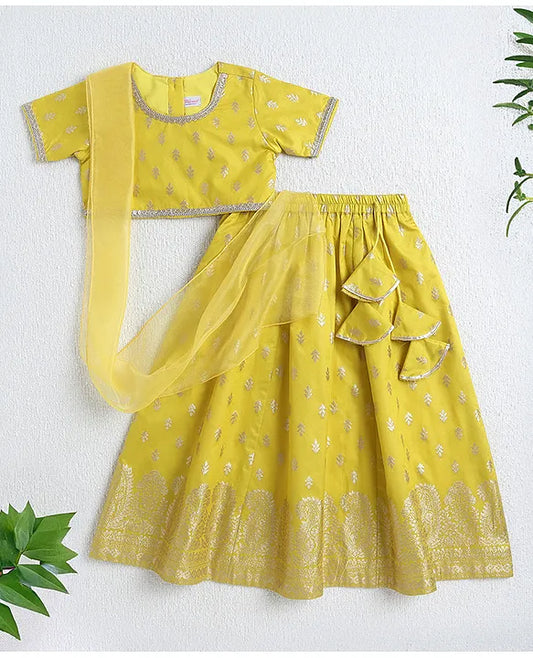 Girls Silk Lehenga Choli With Dupatta- Yellow & Gold - Infant