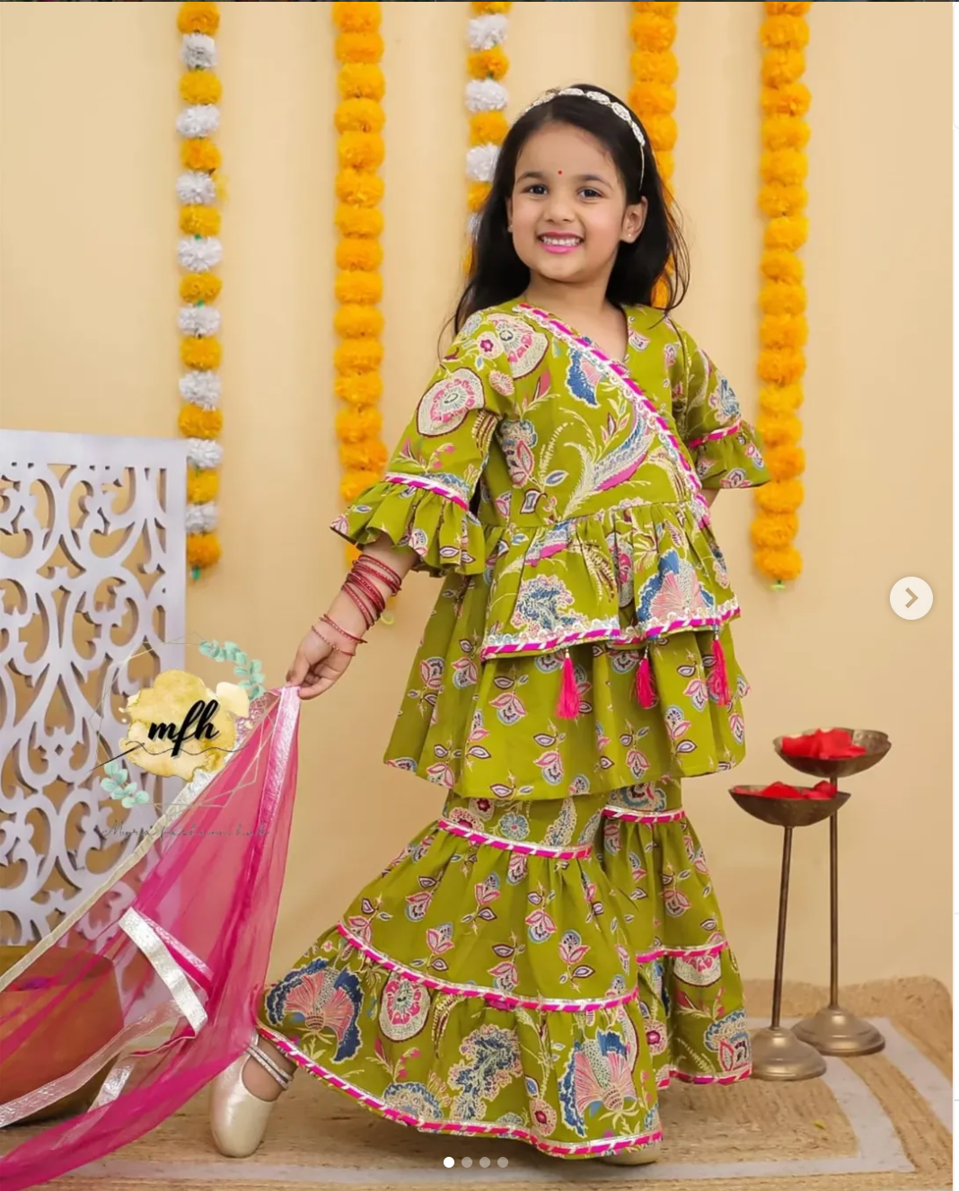 Diwali dress for toddlers & kids. Mehendi Green Cotton Sharara 