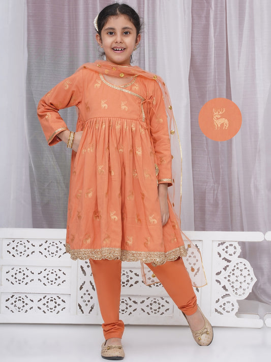 Saffron cotton kurti with pyjami and net dupatta – festive Indian outfit for Eid, Diwali, weddings. Ships from Guelph ON.