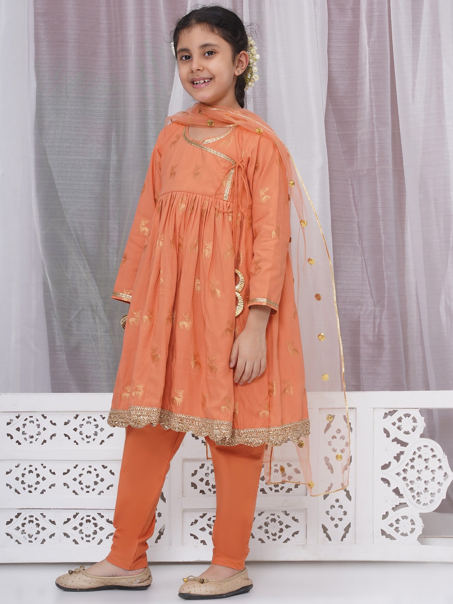 Saffron cotton kurti with pyjami and net dupatta – festive Indian outfit for Puja, Diwali, weddings. Ships from Guelph ON.