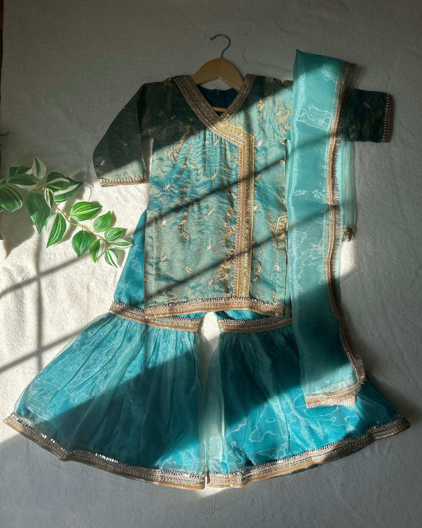 Firozi/Teal gharara kameez set for girls in shimmer tissue. Perfect for weddings & festivals. Ships from Guelph, Canada.