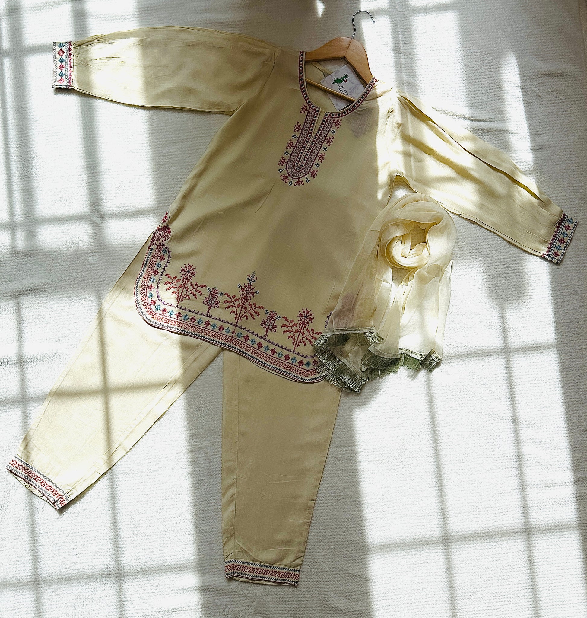 Girls kameez trouser set with embroidery and matching dupatta. Authentic Pakistani-style kids' festive wear from Mitthu Kids Canada.