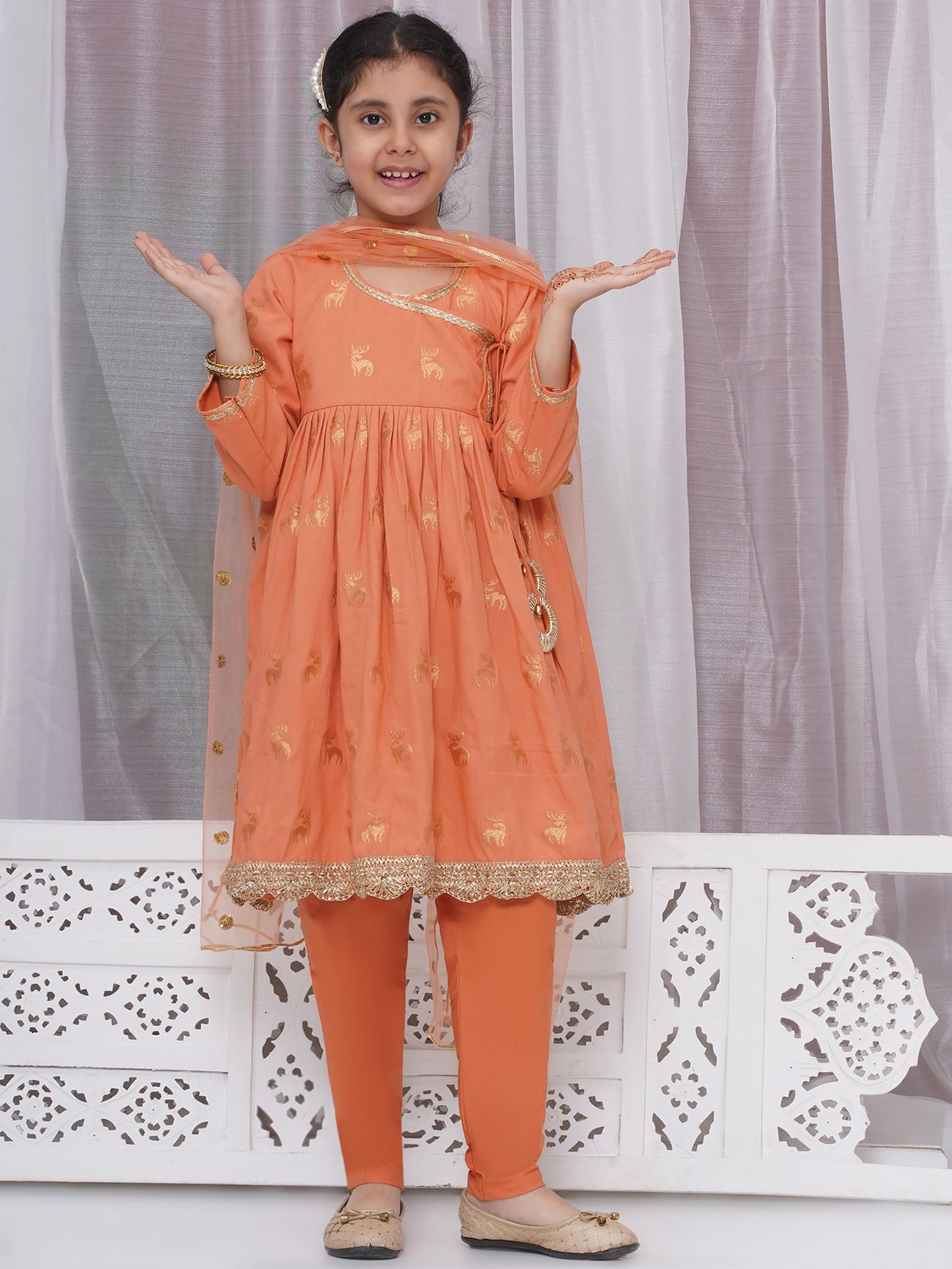 Saffron cotton kurti with pyjami and net dupatta – festive Indian outfit for Eid, Diwali, weddings. Ships from Guelph ON.