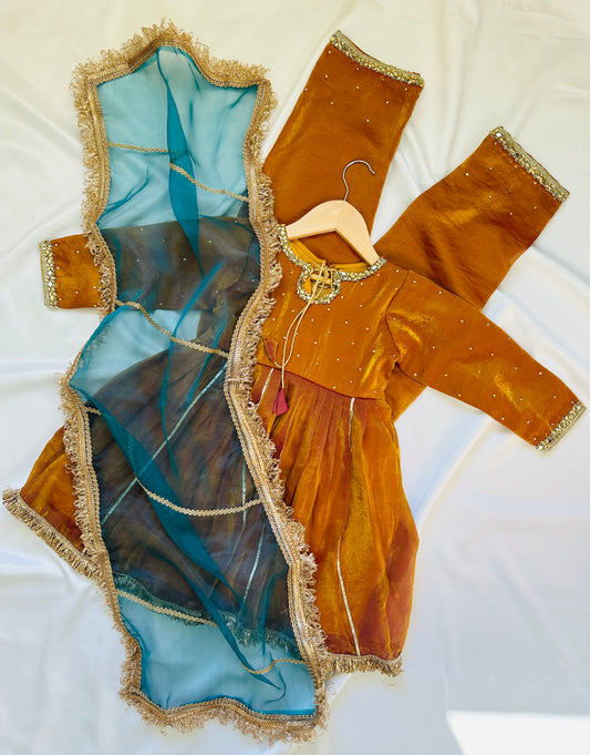 Elegant Girls’ Frock Pant Dupatta set in satin shimmer. Shop Indian kidswear in Canada for Diwali, Dusshera, weddings & pooja.