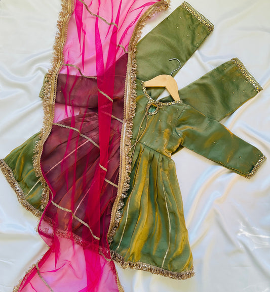 Girls Frock Style Kameez with Pants & Dupatta - Olive Green & Gold - Infant