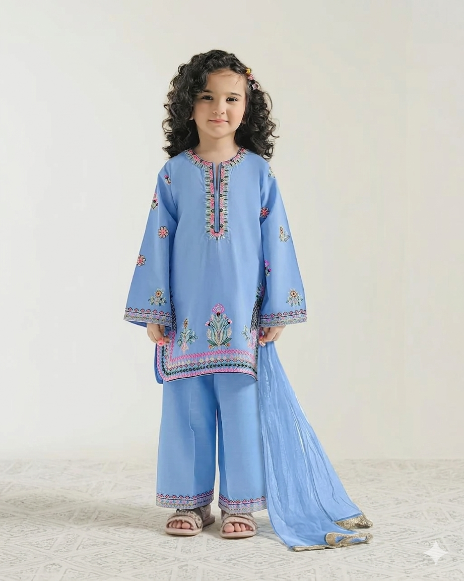Girls kameez trouser set with embroidery and matching dupatta. Authentic Pakistani-style kids' festive wear from Mitthu Kids Canada.