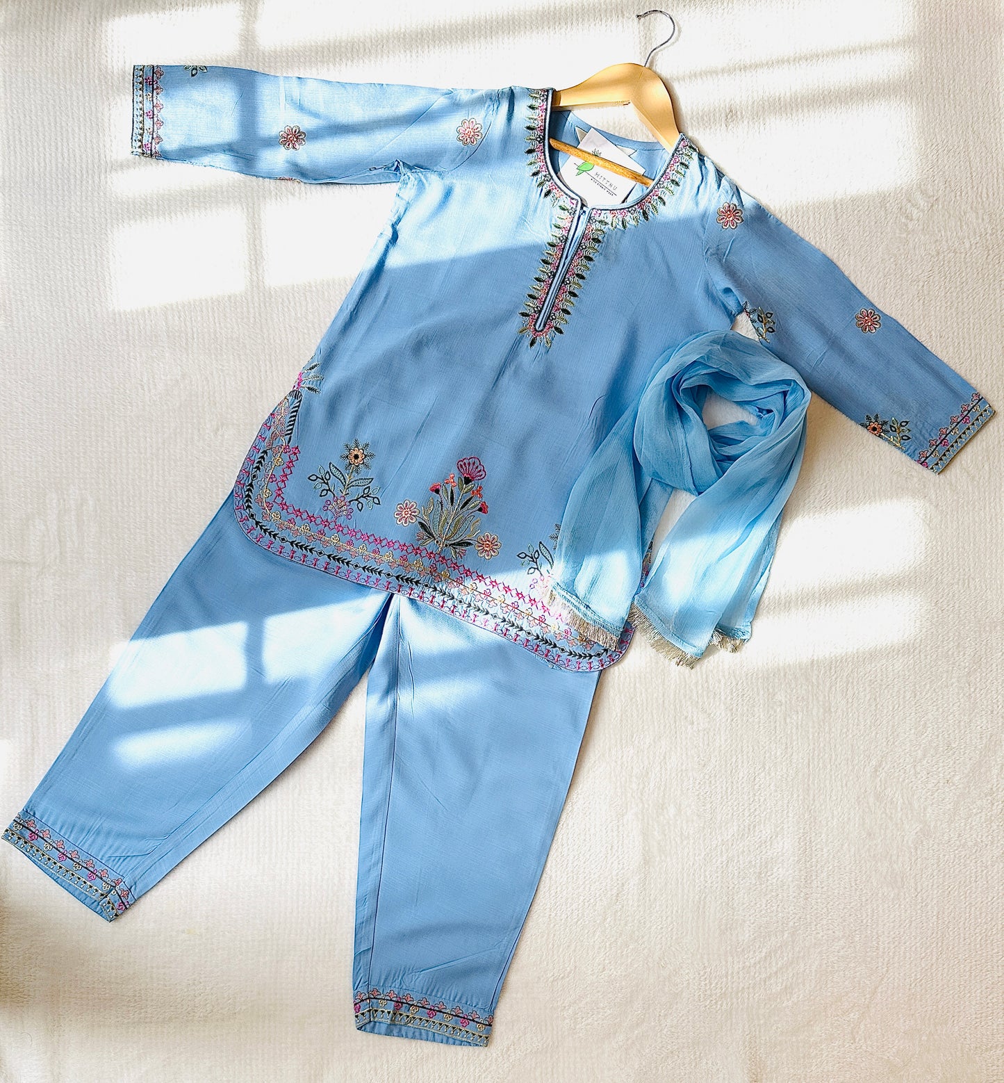 Girls kameez trouser set with embroidery and matching dupatta. Authentic Pakistani-style kids' festive wear from Mitthu Kids Canada.