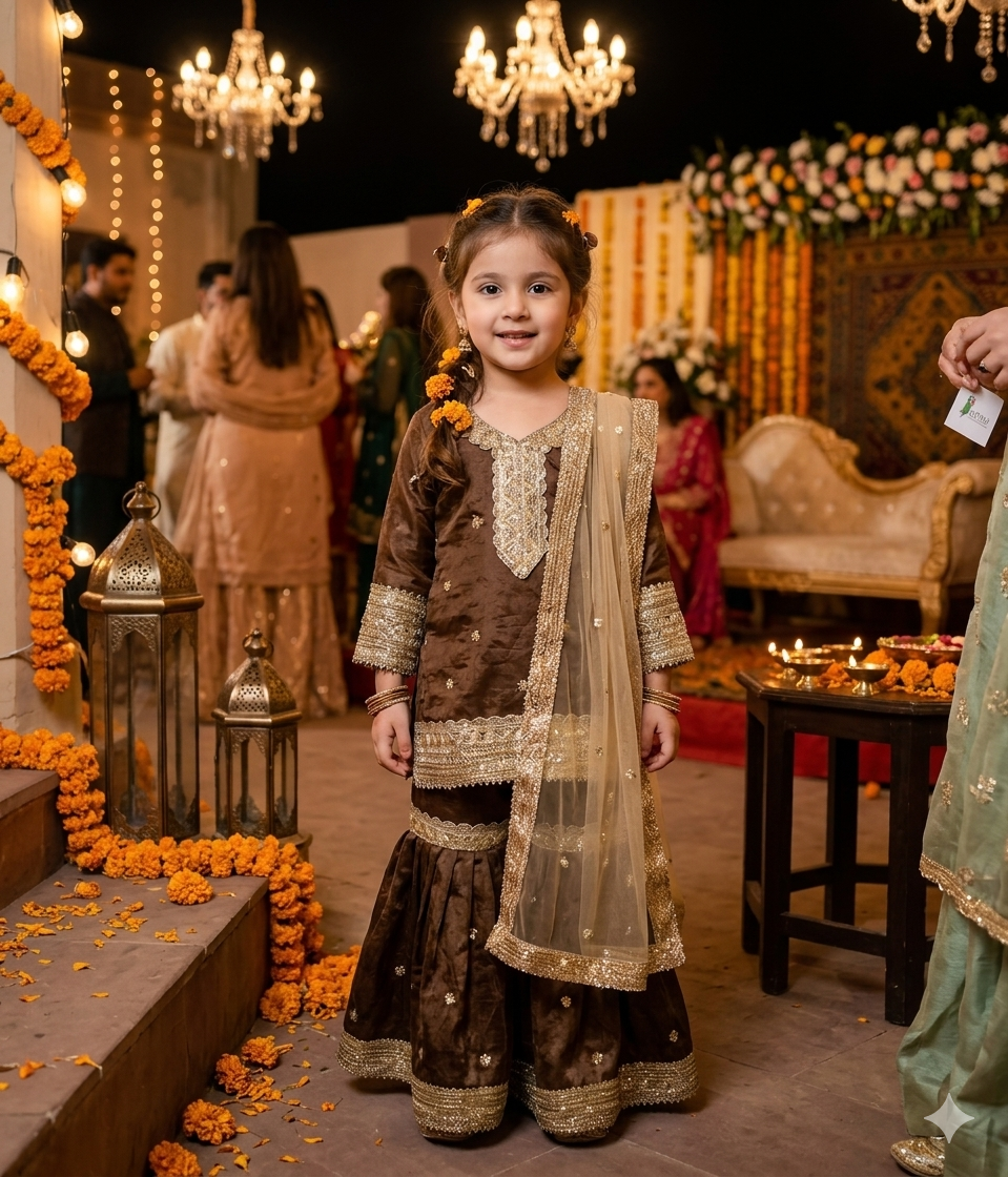 Elegant girls' brown Gharara set. Perfect Pakistani & Indian festive wear for weddings & Eid. Shop at Mitthu Kids Canada.