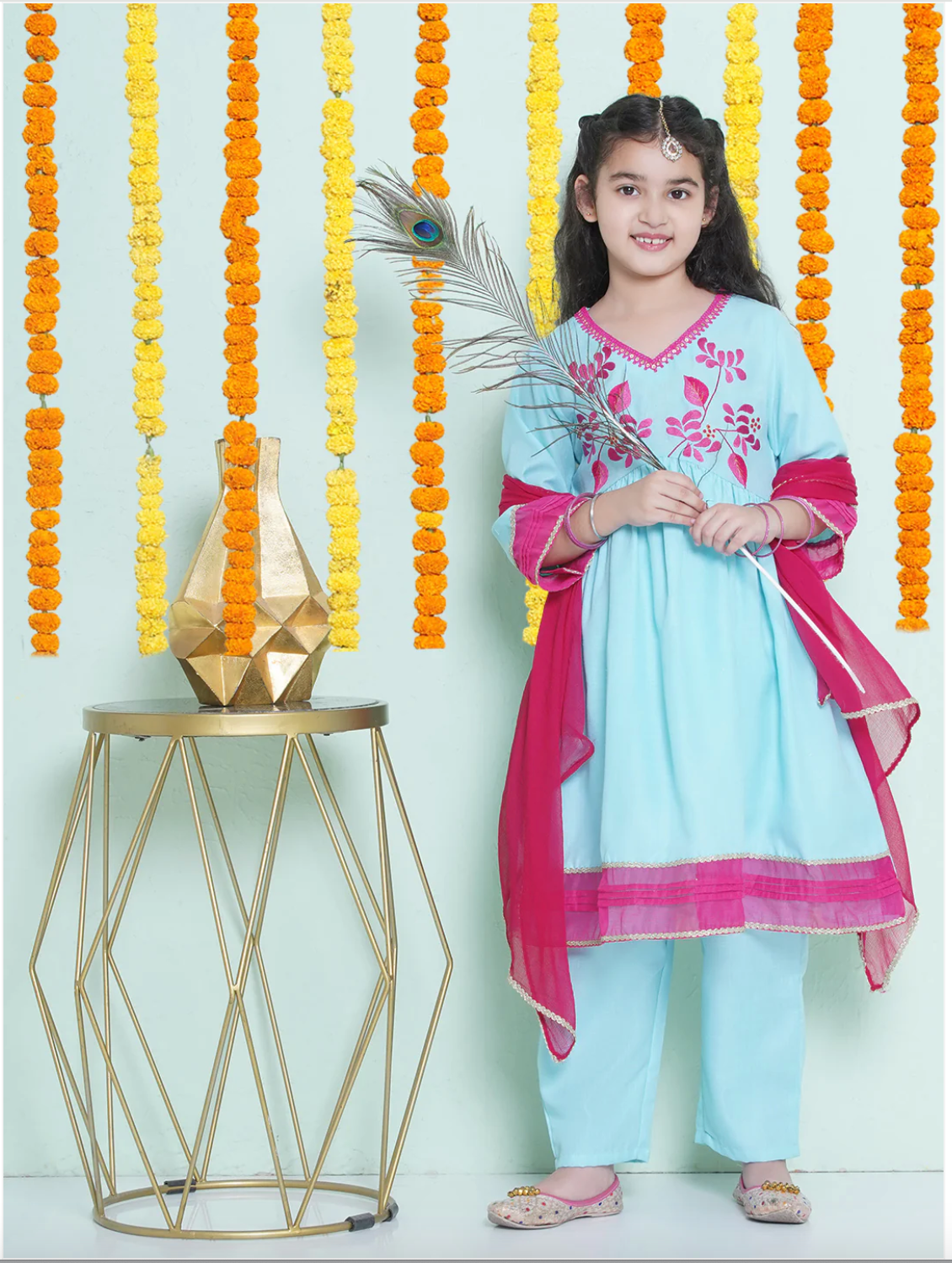 Girls Embroidered Kameez with Trousers & Dupatta -  Pastel Blue - Mitthu Kids Ethnic Wear