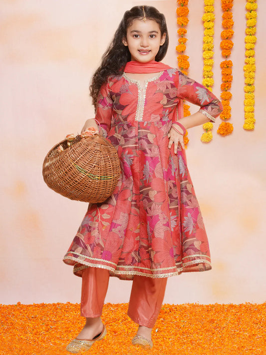 Girl's Peach Anarkali Kurti with Pant & Dupatta – Available for kids & teens (ages 3-16). A floral-printed traditional outfit, perfect for Ramadan, Eid, Holi & more!
