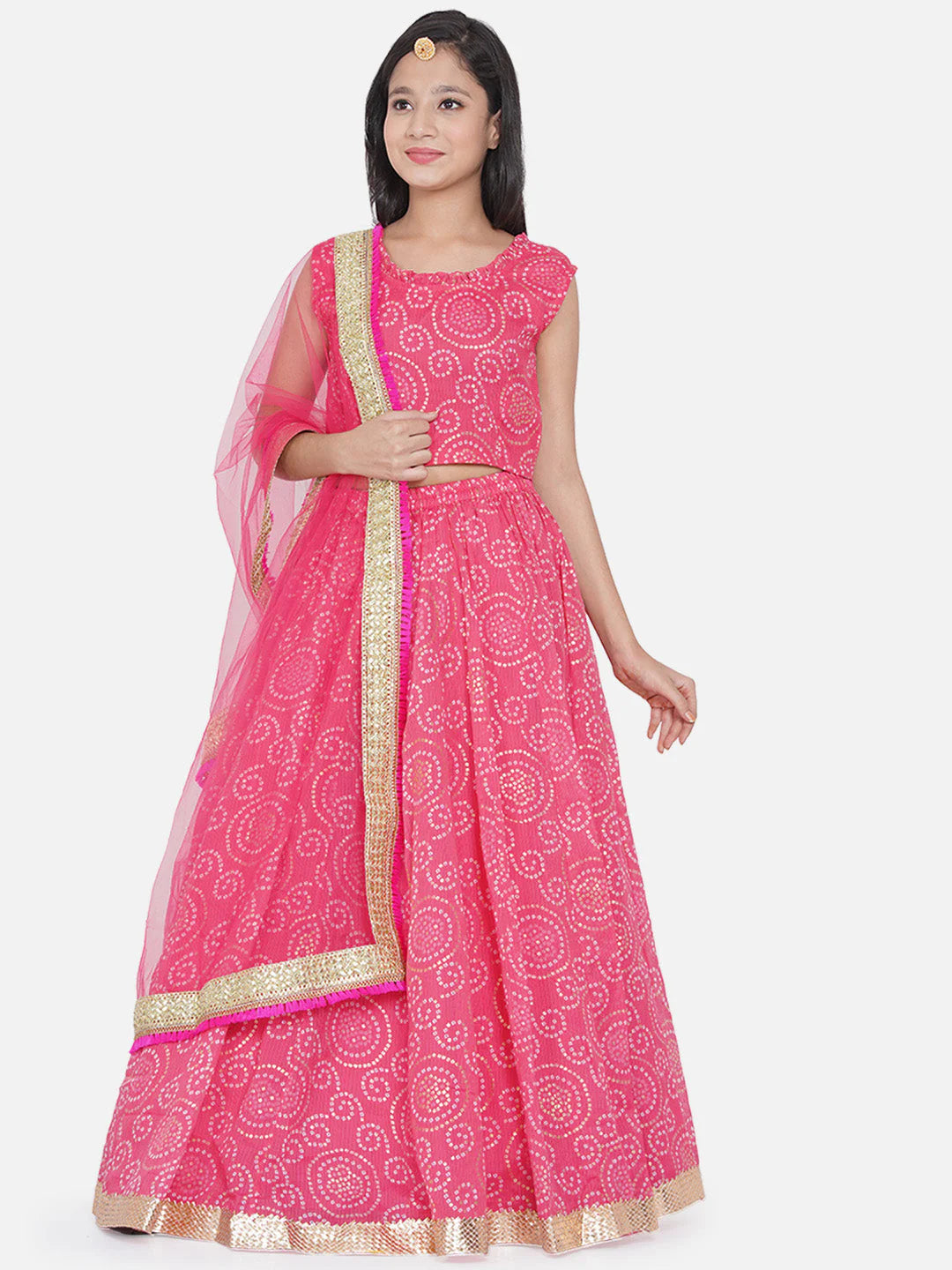 Pink chunri print lehenga choli & dupatta set for girls, sizes 3-15Y. Perfect festive outfit, available to shop in Canada.