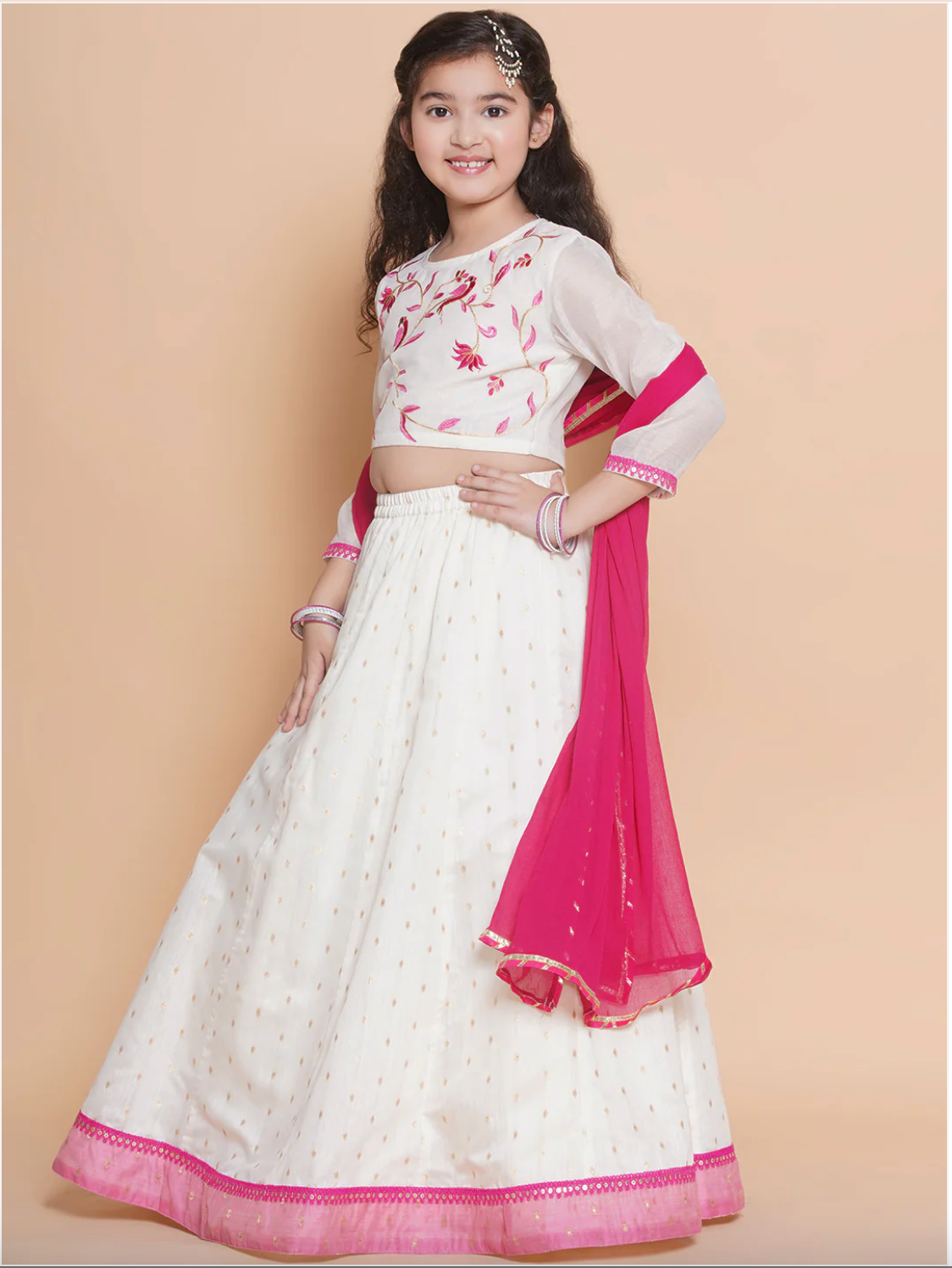Shop this traditional white & Pink South Indian style lehenga & choli for girls. Perfect pooja outfit.