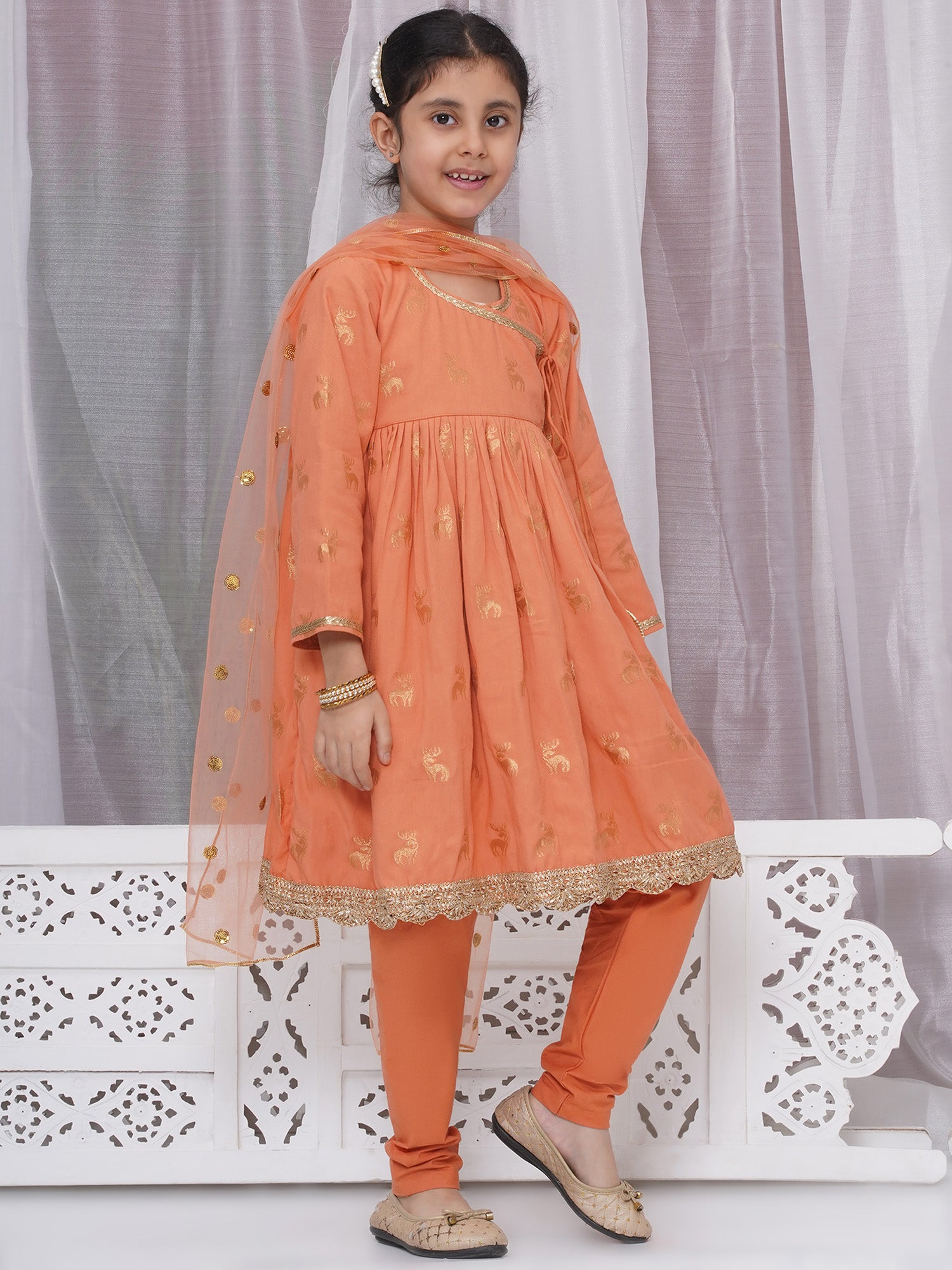 Saffron cotton kurti with pyjami and net dupatta – festive Indian outfit for Eid, Diwali, weddings. Ships from Guelph ON.