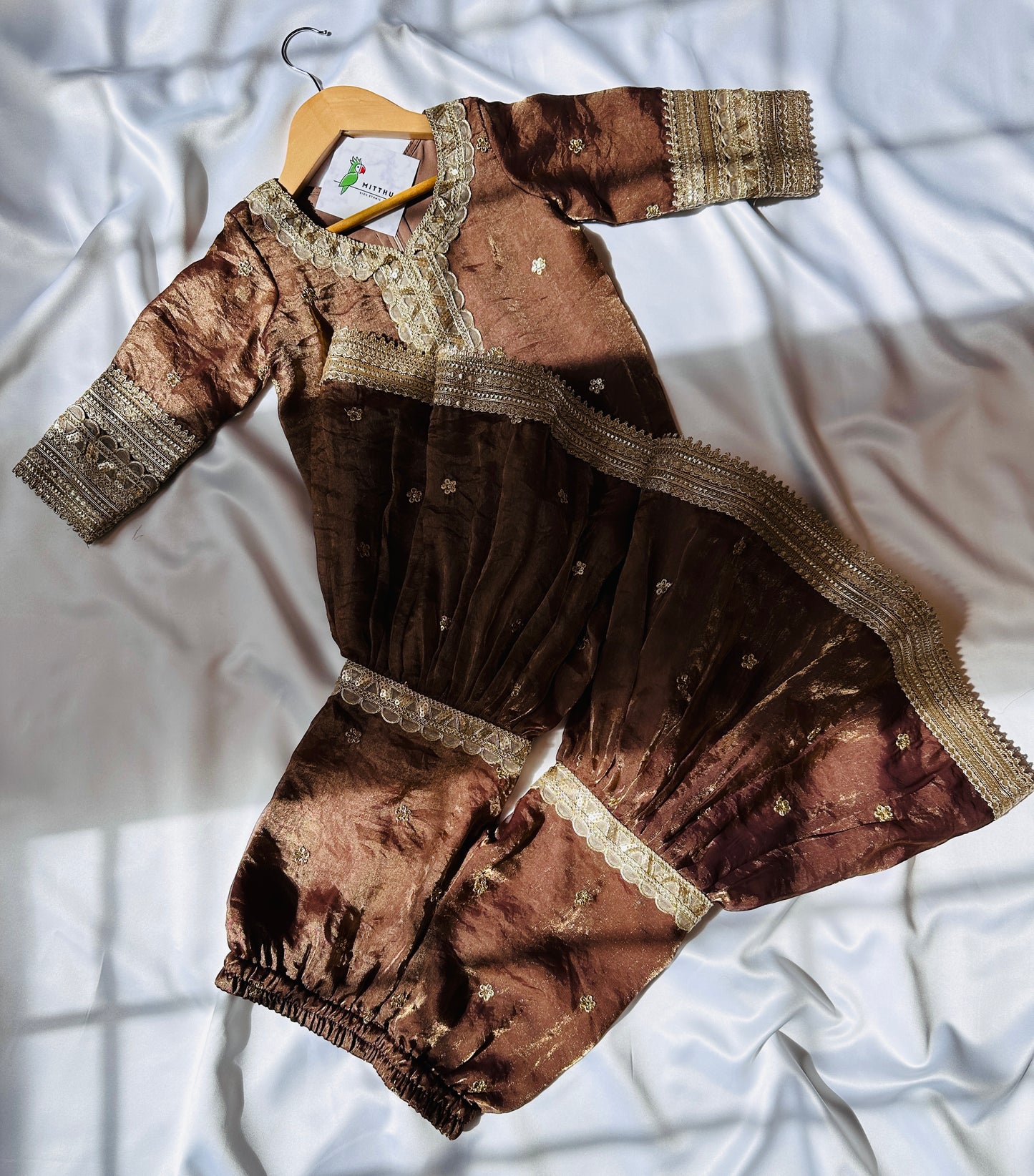 Satin Shimmer Silk Gharara  & Kameez Set with Dupatta - Walnut Brown - Mitthu Kids Ethnic Wear