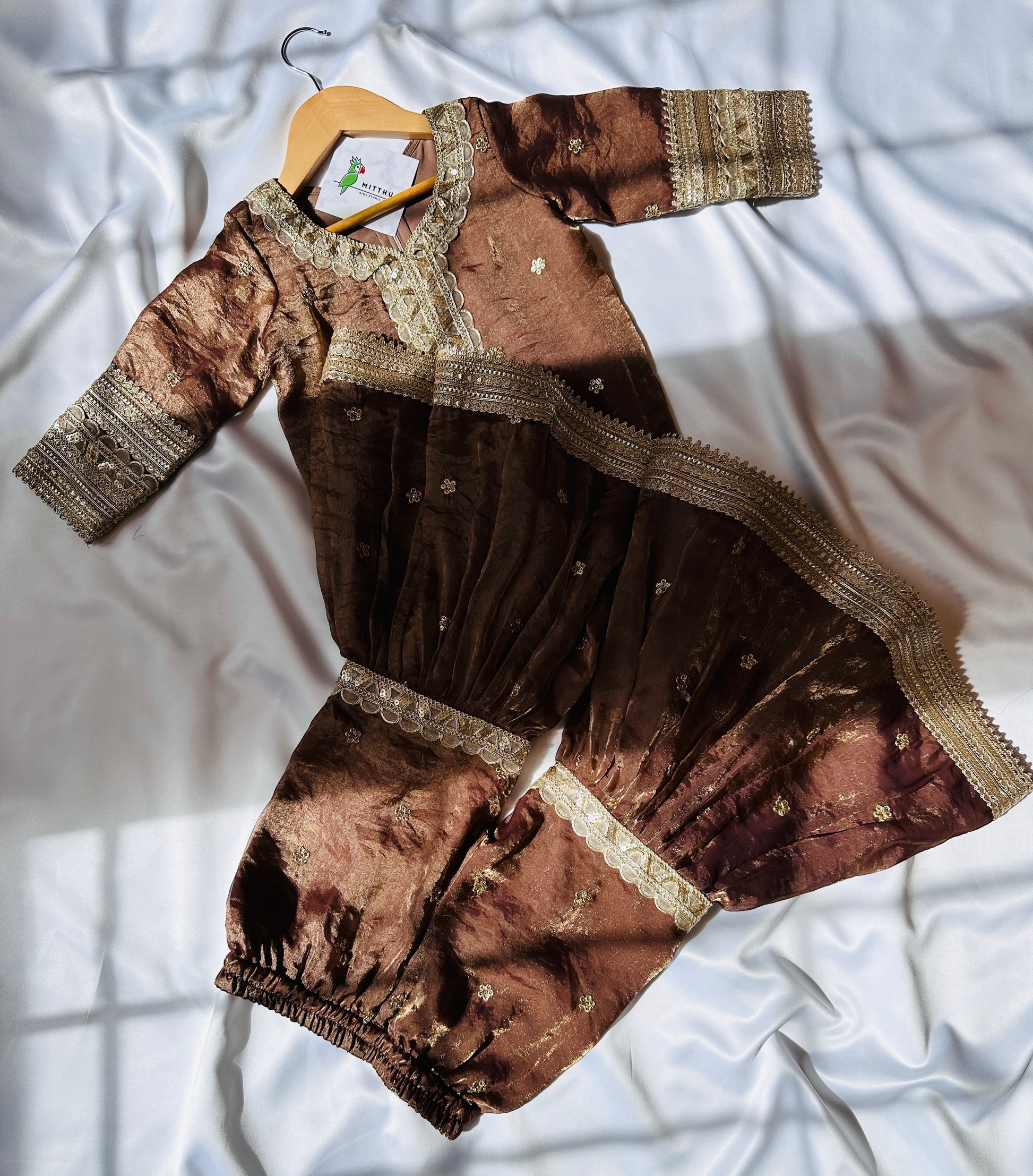 Satin Shimmer Silk Gharara  & Kameez Set with Dupatta - Walnut Brown - Mitthu Kids Ethnic Wear