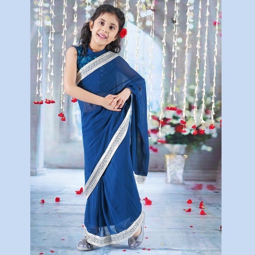 Girls Ready to Wear Georgette Saree with Embroidered Blouse - Blue - Mitthu Kids Ethnic Wear