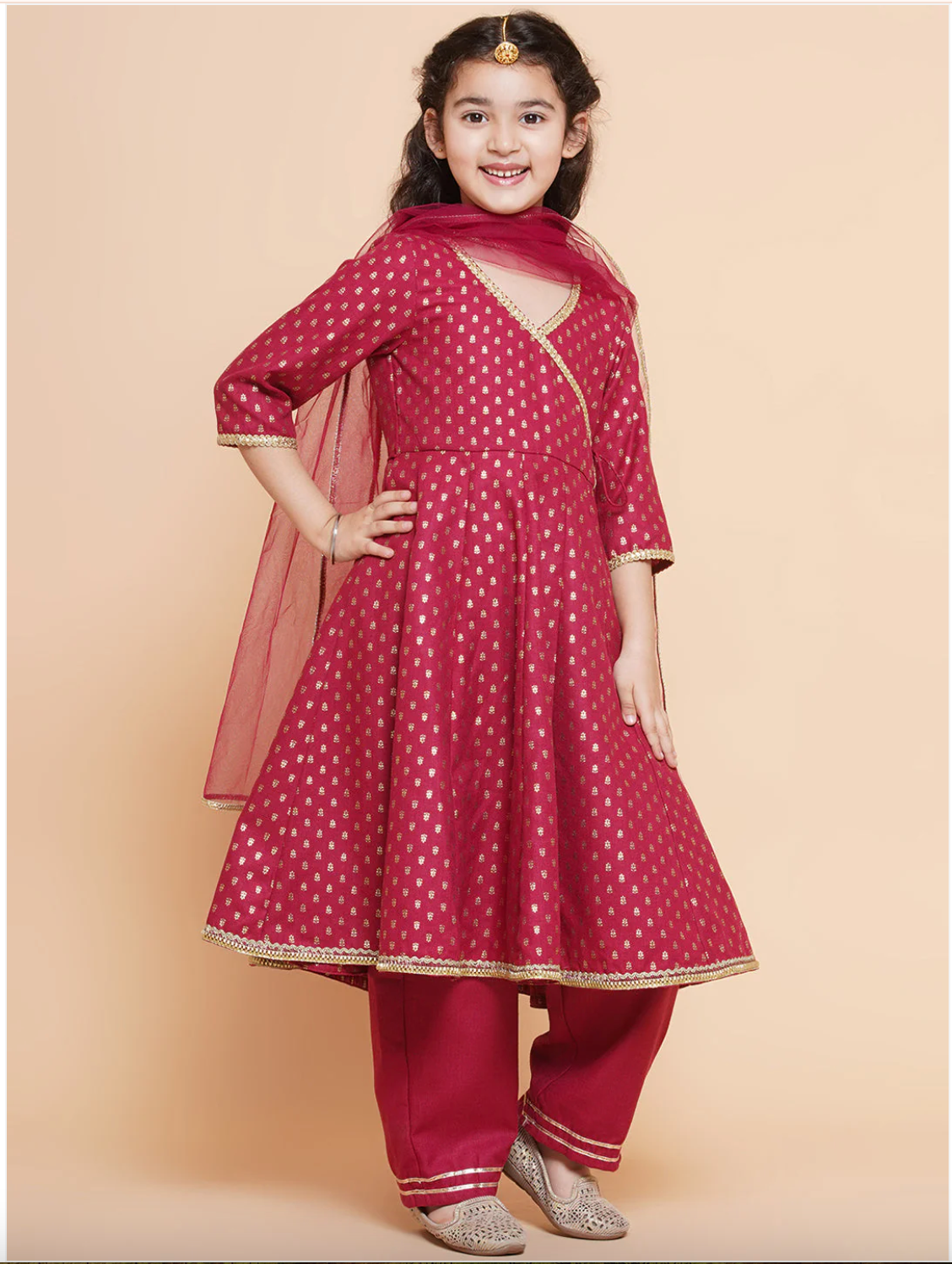 Girls Anarkali with Trousers & Dupatta -  Ruby Red - Mitthu Kids Ethnic Wear