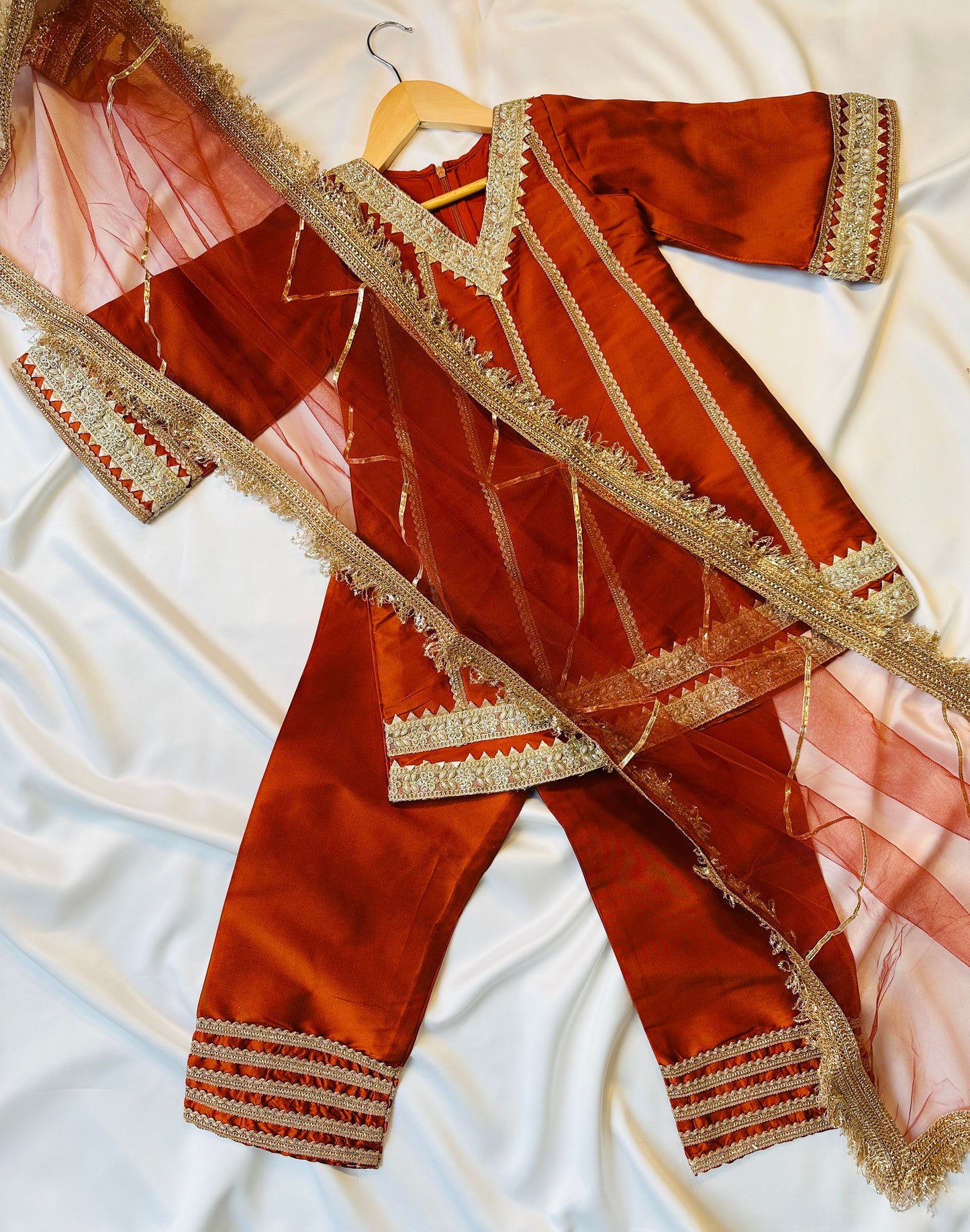 Girls straight-cut kameez with Pants & Dupatta - Copper & Gold - Infant - Mitthu Kids Ethnic Wear