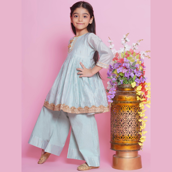 Girls Powder Green Palazzo & Kameez Set with dupatta