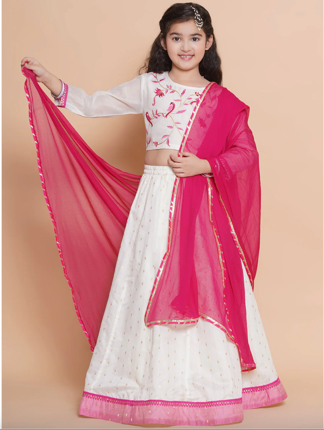 Shop this traditional white & Pink South Indian style lehenga & choli for girls. Ideal for weddings & festivals. Ships from Guelph, ON.