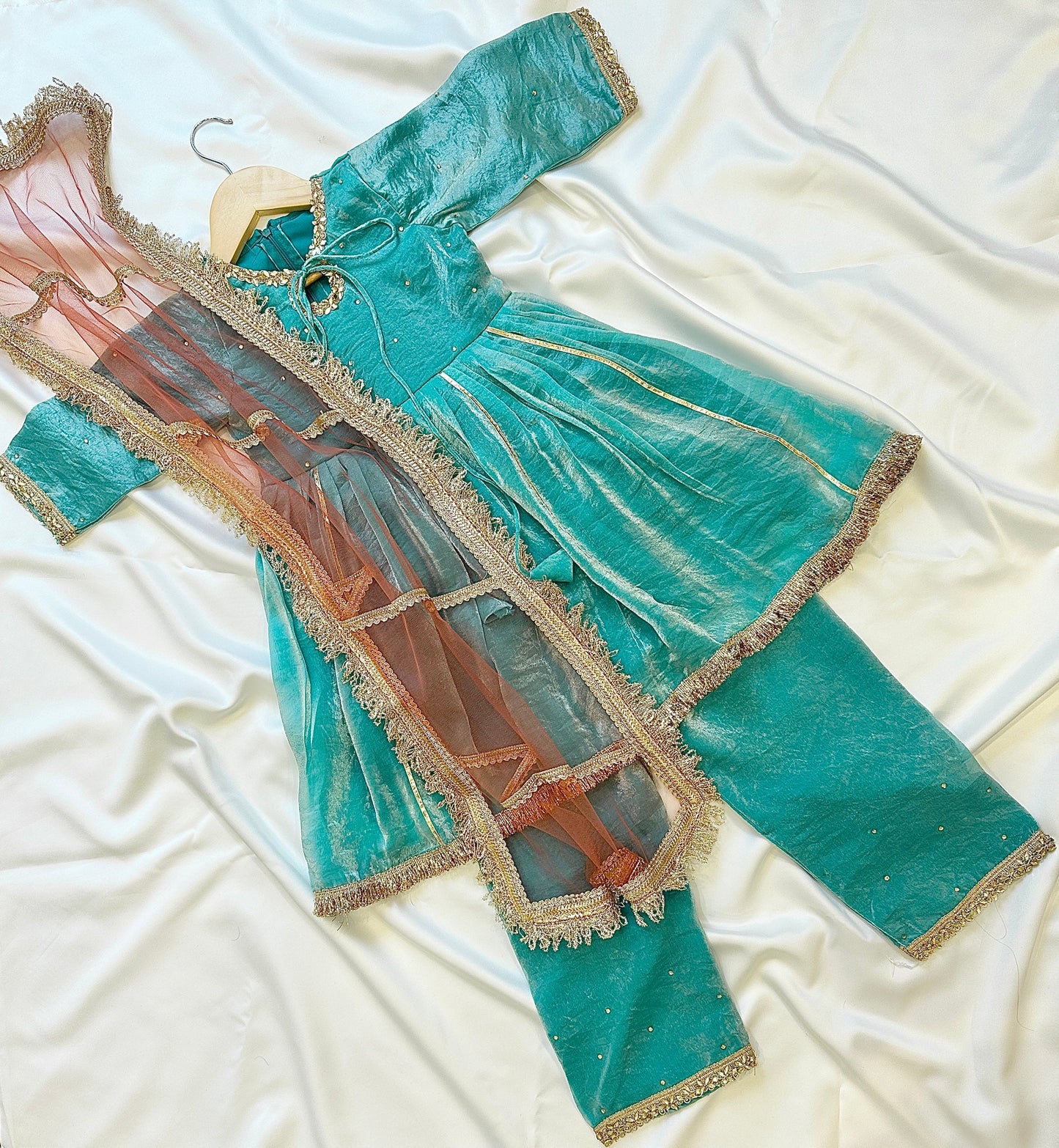 Girls Frock Style Kameez with Pants & Dupatta - Teal - Infant - Mitthu Kids Ethnic Wear