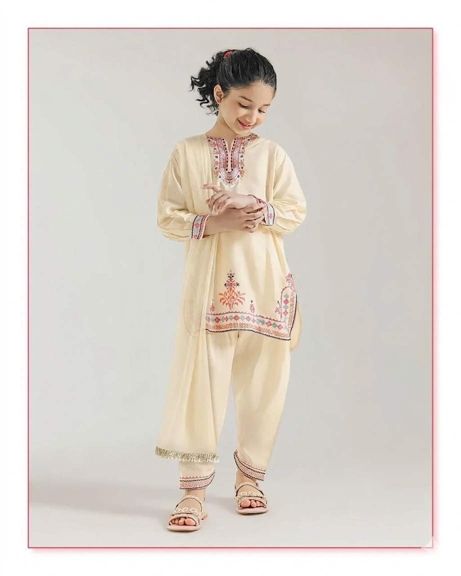 Girls kameez trouser set with embroidery and matching dupatta. Authentic Pakistani-style kids' festive wear from Mitthu Kids Canada.