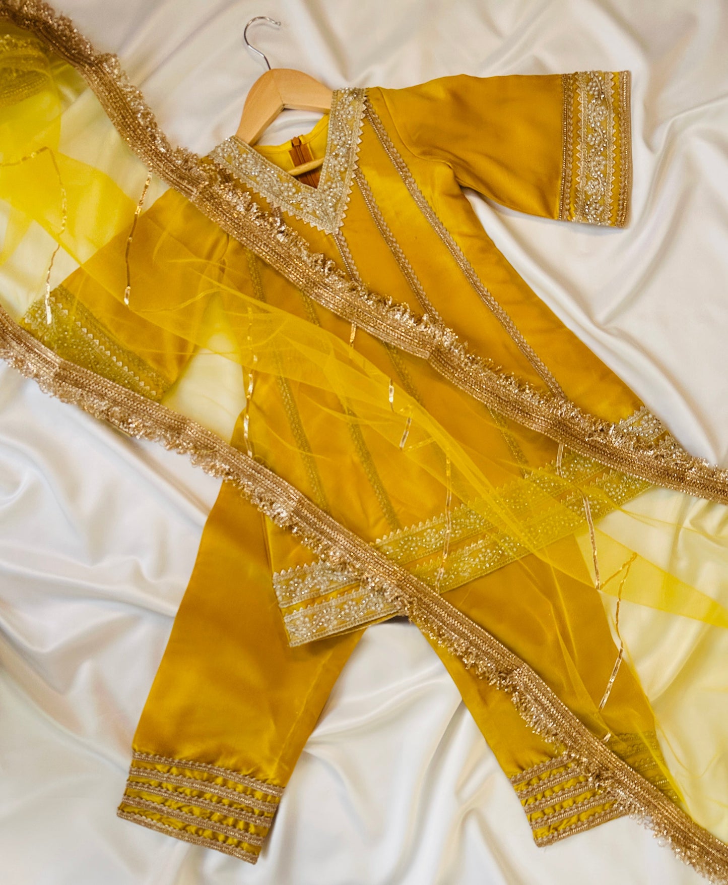 Girls Straight Cut Kameez with Pants & Dupatta - Yellow & Gold - Infant - Mitthu Kids Ethnic Wear