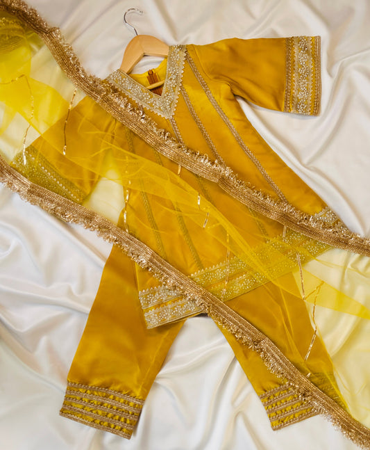 Girls Straight Cut Kameez with Pants & Dupatta - Yellow & Gold - Infant
