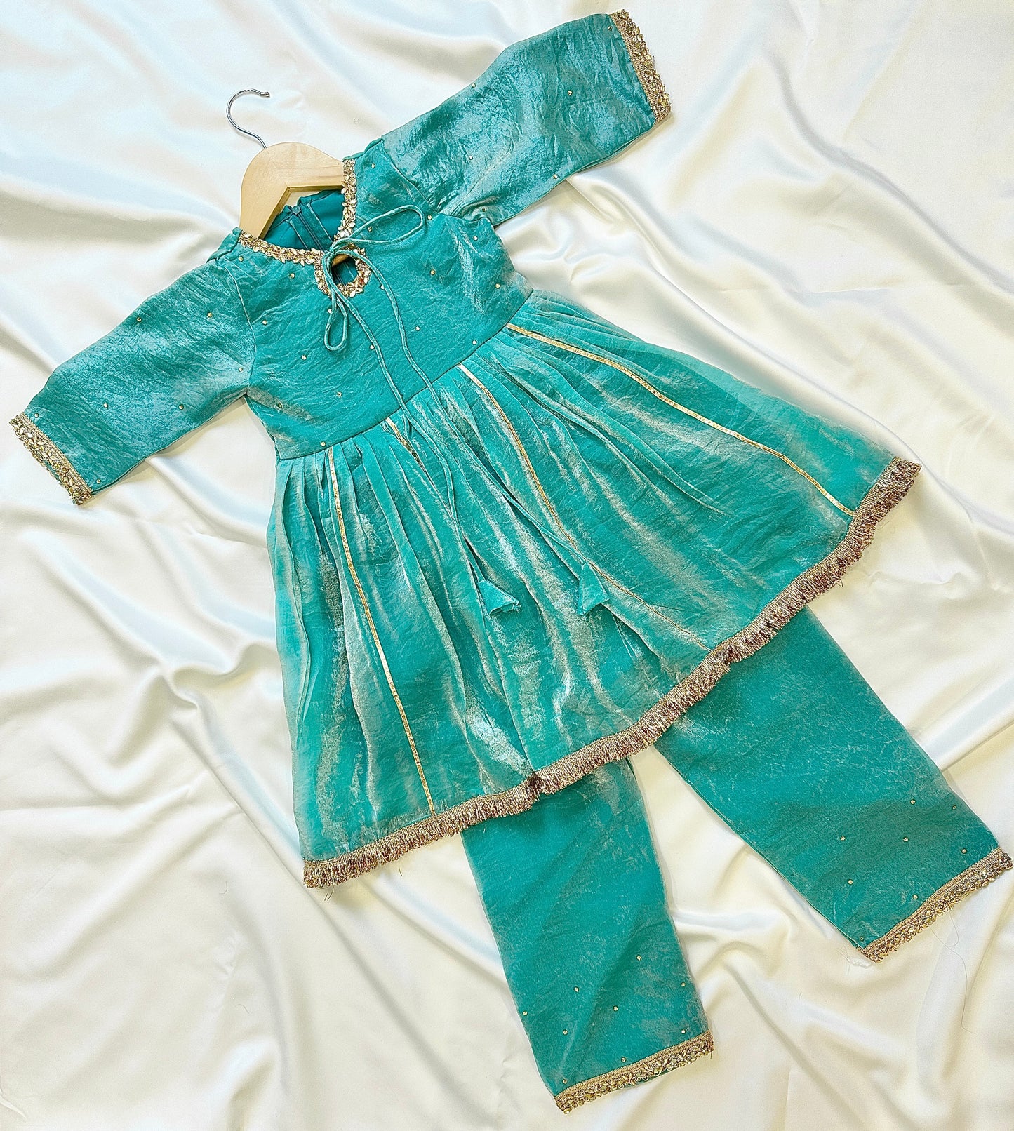 Girls Frock Style Kameez with Pants & Dupatta - Teal - Infant - Mitthu Kids Ethnic Wear