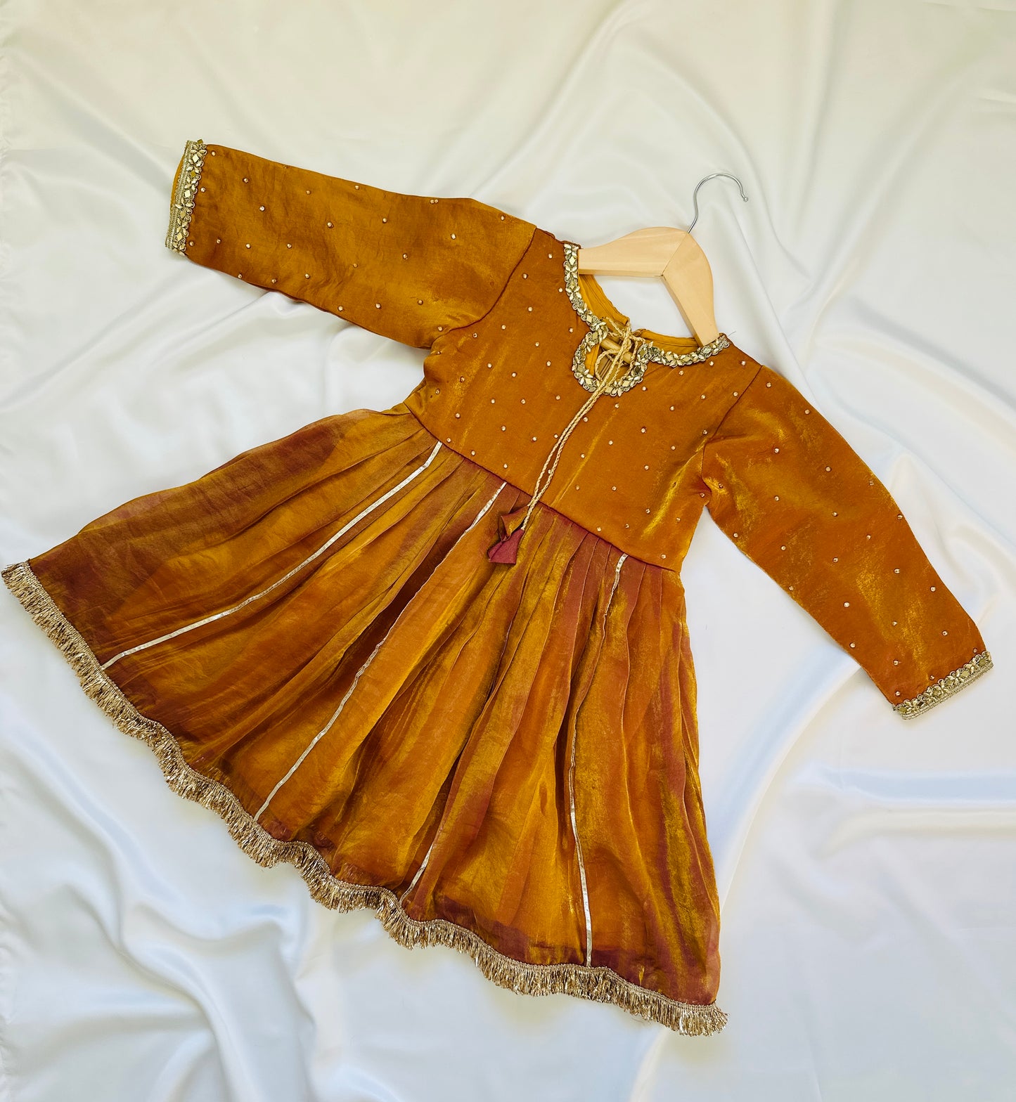 Girls’ Satin Shimmer Frock Pant Dupatta set with lace dupatta. Shop kids Indian outfit in Canada for Diwali, pooja & Dusshera.