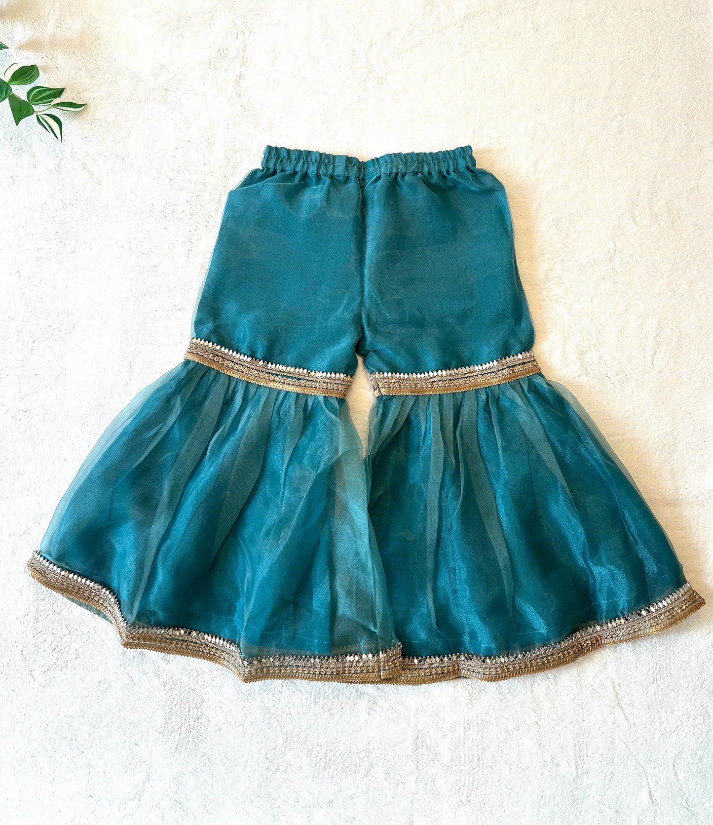 Firozi/Teal gharara kameez set for girls in shimmer tissue. Perfect for weddings & festivals. Ships from Guelph, Canada.